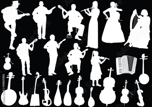 white musicians and musical instruments isolated on black