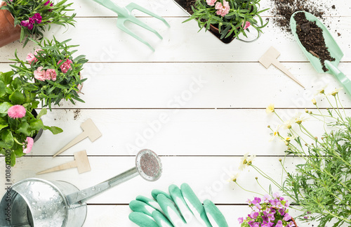 Spring - gardening tools and flowers in pots on white wood photo