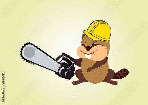 Funny beaver with chainsaw vector illustration. Beaver with chainsaw and safety helmet cartoon character. Working beaver drawing