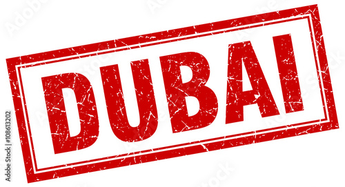 Dubai red square grunge stamp on white