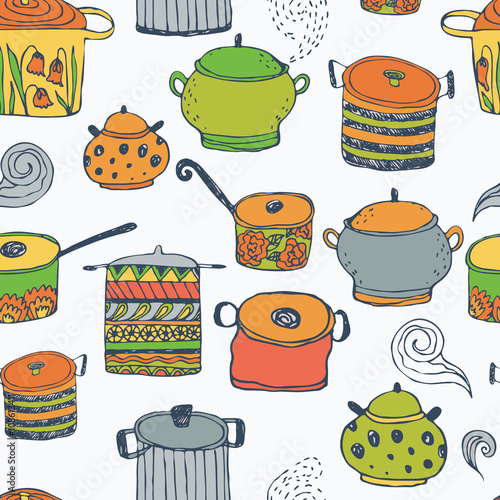 Cute cooking pots and lettering. Seamless vector pattern. Trendy background for scrapbook paper, textile, web and packaging.