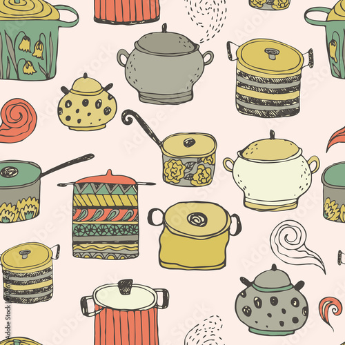 Cute cooking pots and lettering. Seamless vector pattern. Trendy background for scrapbook paper, textile, web and packaging.