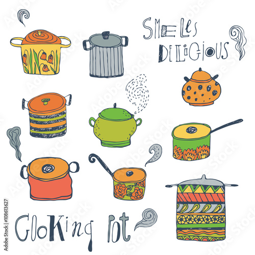 Cute cooking pots and lettering. Outline vector set. Trendy background for scrapbook paper, textile, web and packaging.