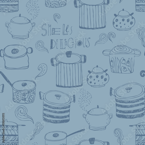 Cute cooking pots and lettering. Seamless vector pattern. Trendy background for scrapbook paper, textile, web and packaging.