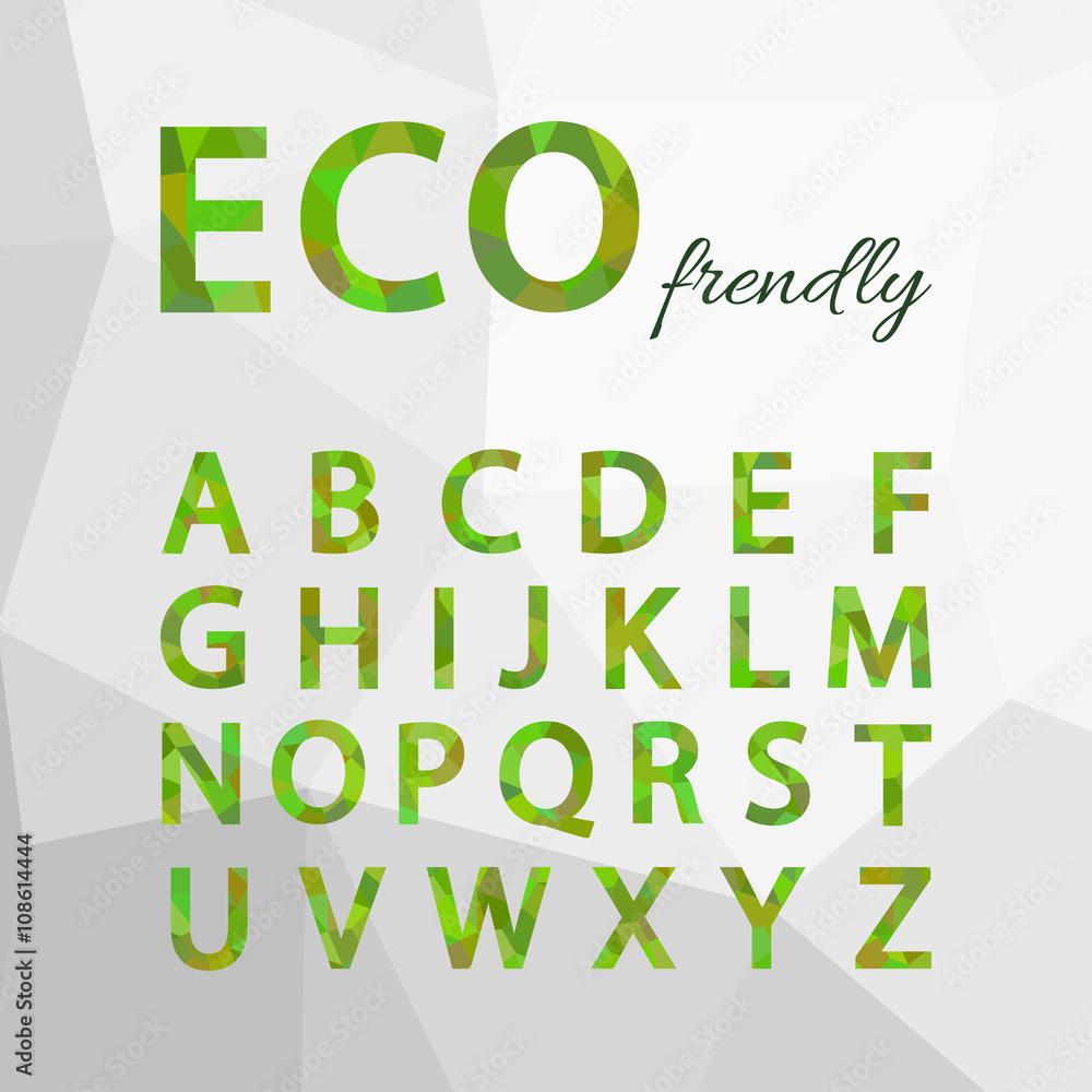 Green Polygonal Alphabet Set. Eco friendly style.
