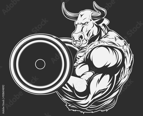 Ferocious bull with a barbell