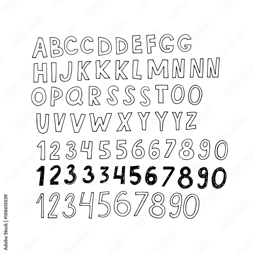 Hand drawn doodle alphabet and numbers. Vector illustration. Hand drawn doodle alphabet and numbers. Vector illustration.