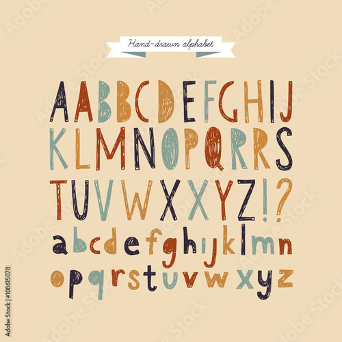 Hand drawn doodle abc, cut out font. Vector illustration.