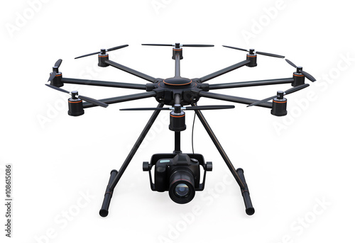 Front view of octocopter with DSLR camera isolated on white background. 3D rendering image with clipping path.