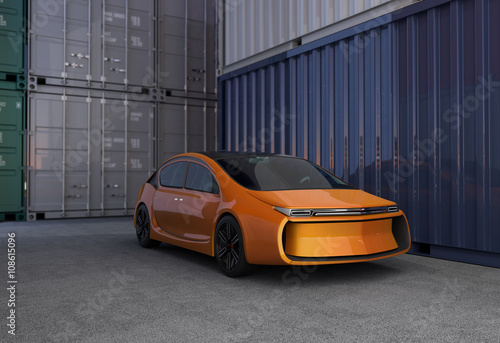 Orange car in cargo containers area. 3D rendering image.