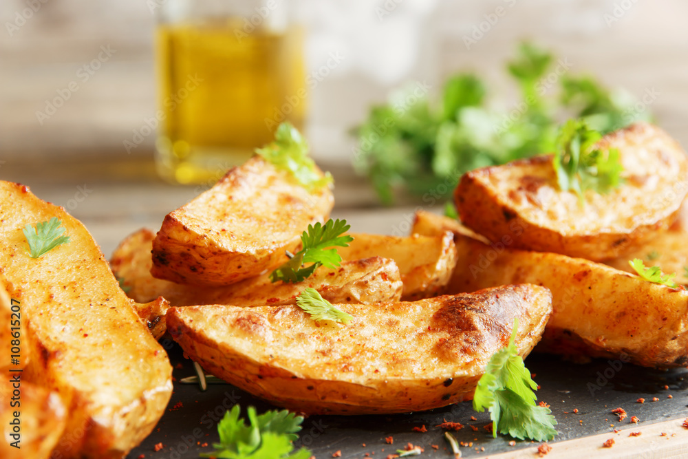 baked roasted potato wedges with herbs and red sauce