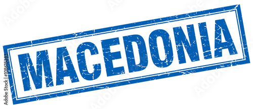 Macedonia blue square grunge stamp on white