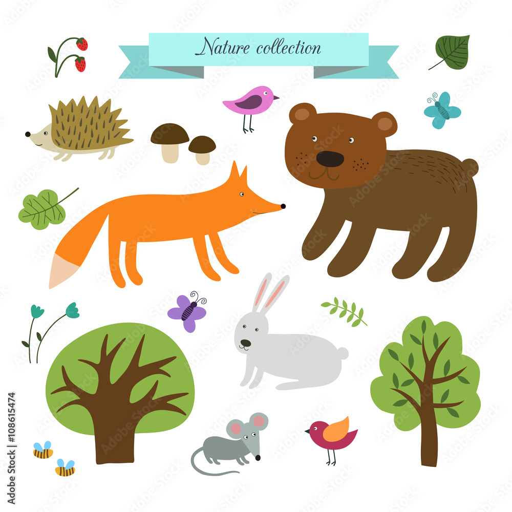 Naklejka premium Vector set of cute wild animals in the forest.