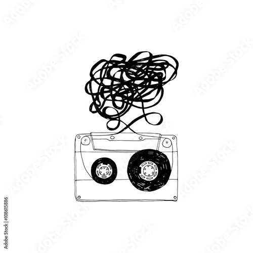 Naklejka na ścianę Kaseta audio z zaplątaną taśmą. Wektor.