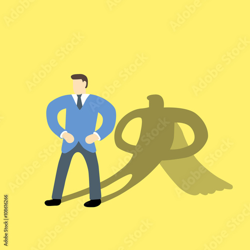 Businessman with superhero character in his shadow on background