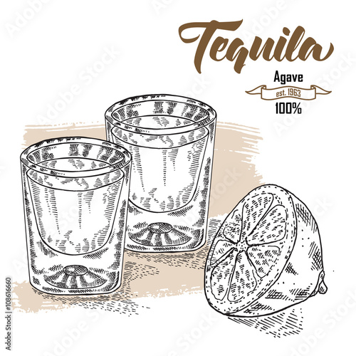 Shot of tequila drink. Hand drawn two glasses of tequila. Engraved