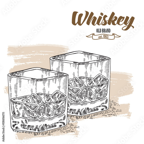 Whiskey drink. Hand drawn two glasses of whiskey. Engraving 