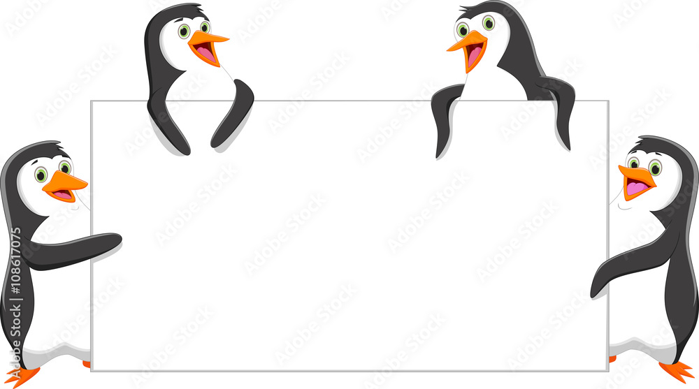 Obraz premium funny penguin cartoon with a blank sign