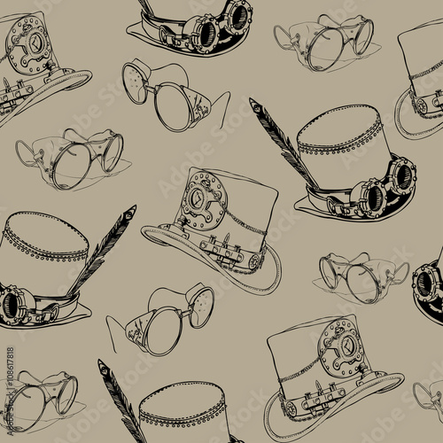Steampunk Retro Print. Steampunk Ttop Hat and Goggles. Edwardian Seamless Pattern for Card. Victorian Style.	
