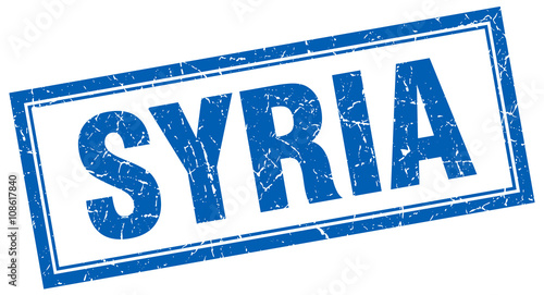 Syria blue square grunge stamp on white