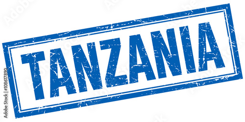 Tanzania blue square grunge stamp on white