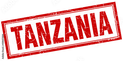 Tanzania red square grunge stamp on white