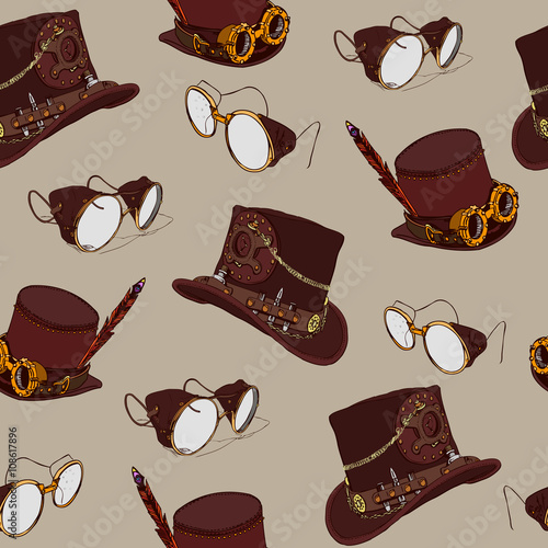Steampunk Top Hat and Brass Goggles Seamless Pattern. Vector