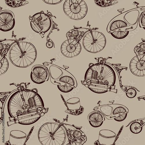 Seamless pattern Steampunk with old bicycle and cylinder hat