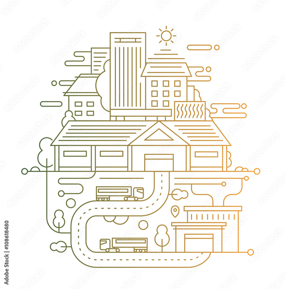 Cityscape and city life - line design composition with color gradient Cityscape and city life - line design composition with color gradient