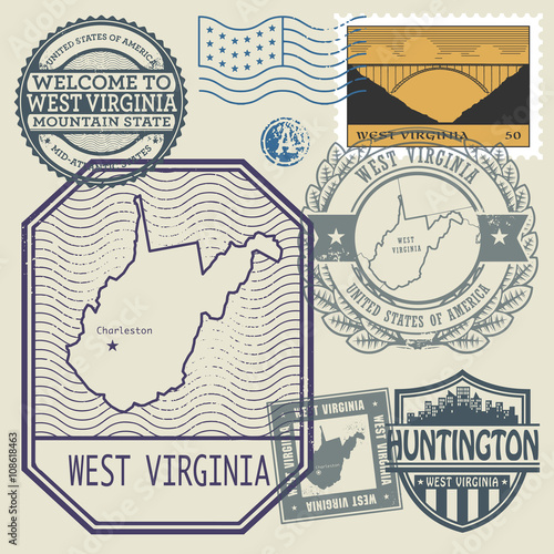 Stamp set with the name and map of West Virginia, United States