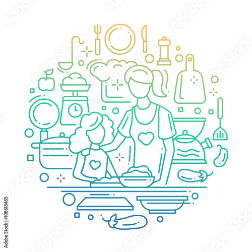 Mother and daughter at the kitchen - line composition color gradient