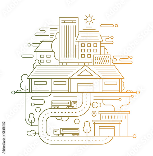 Cityscape and city life - line design composition with color gradient