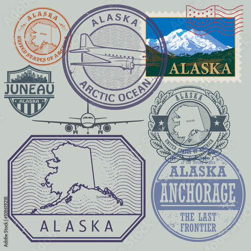 Stamp set with the name and map of Alaska, United States