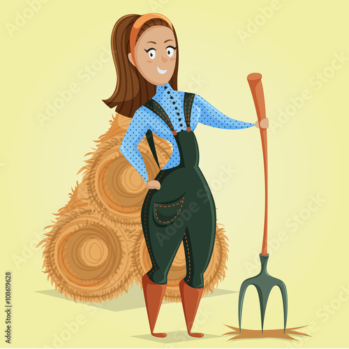 Cartoon farmer girl character. Vector illustration in retro style