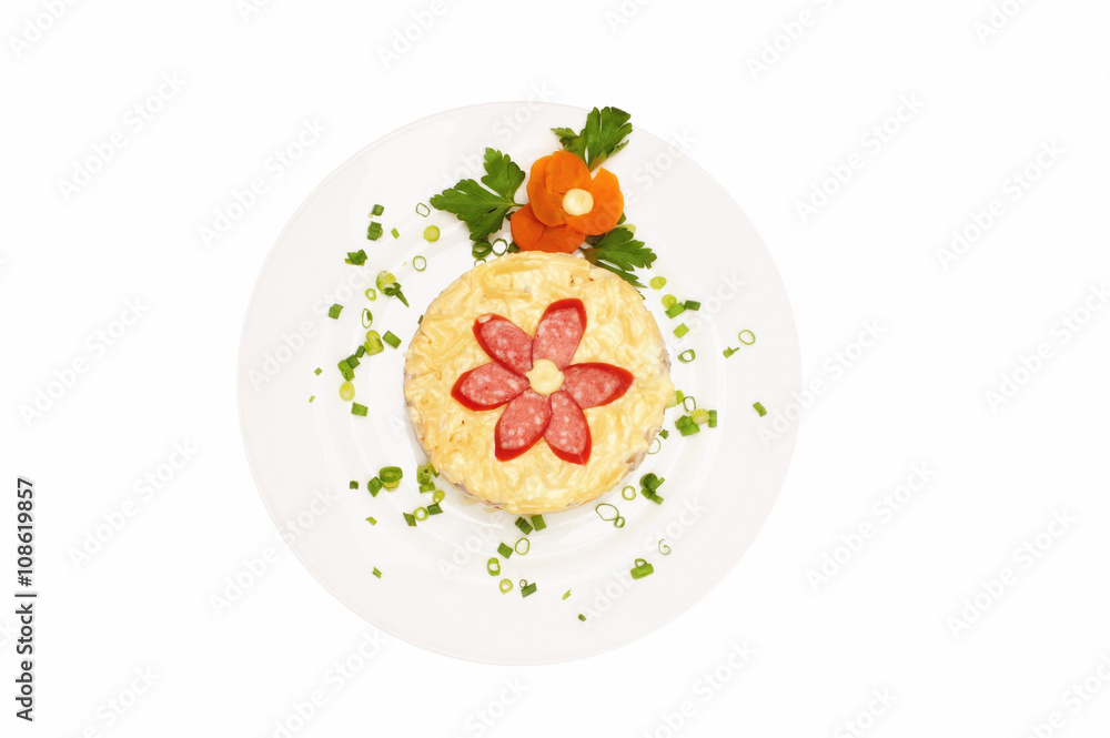 Fresh salad with mayonnaise, sausage, potatoes, pepper Fresh salad with mayonnaise, sausage, potatoes, pepper