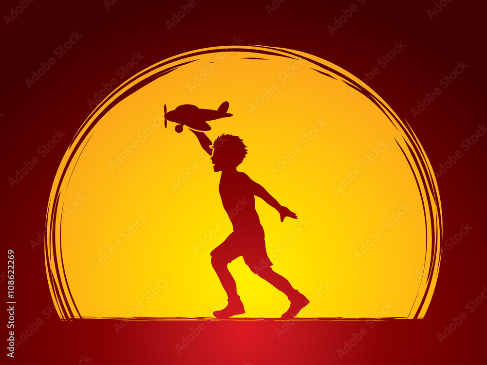 Boy running with plane toy designed on moonlight background graphic vector.