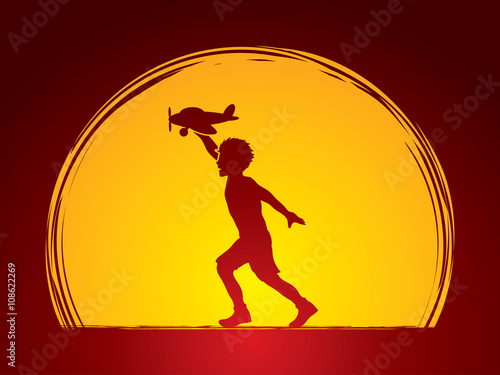 Boy running with plane toy designed on moonlight background graphic vector.