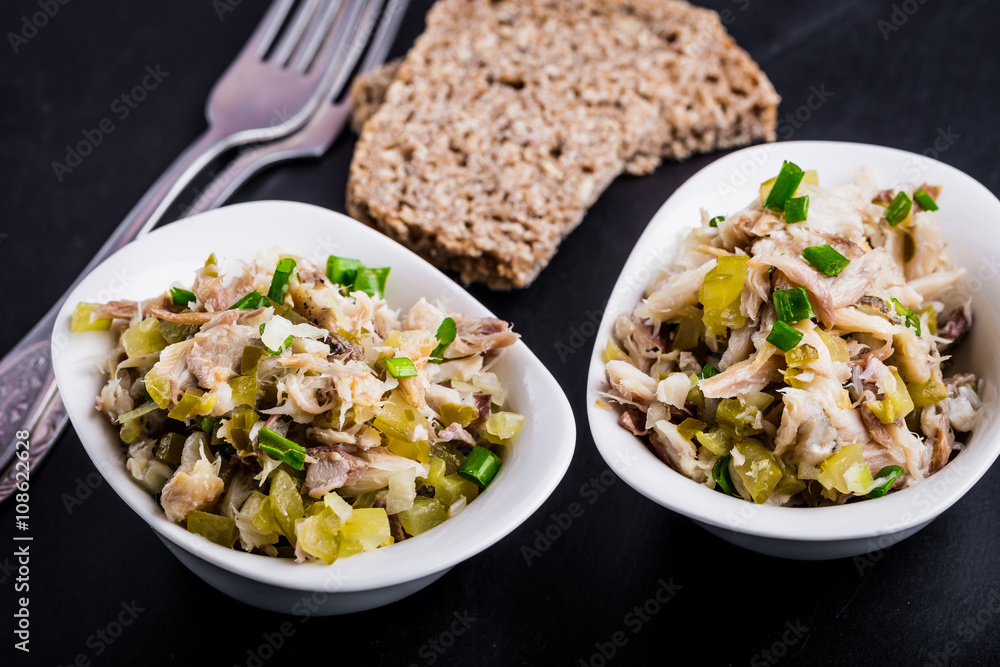 Salad with smoked fish, eggs and cucumber Salad with smoked fish, eggs and cucumber