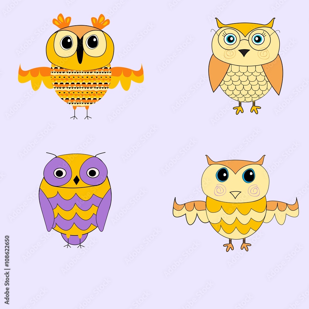 Set of cartoon owls. Yellow owls. Purple owls. Set of cartoon owls. Yellow owls. Purple owls.