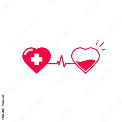 Blood donation vector symbol, two hearts connected with pulse cardiogram tube donate blood, flat logo design, creative emblem illustration isolated on white background