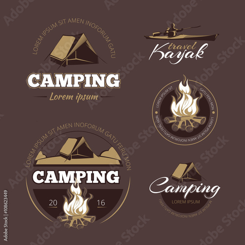 Vintage outdoor adventure and camping vector color labels set