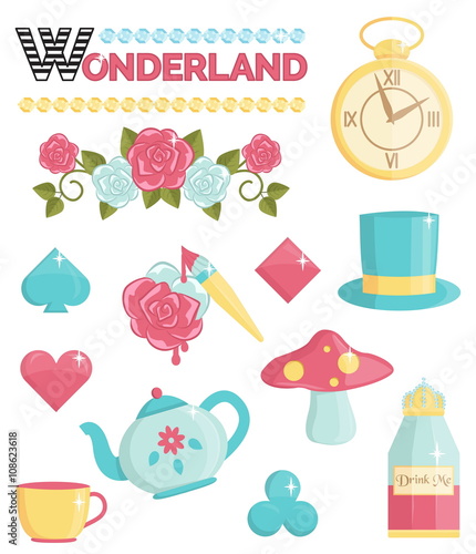 Cute wonderland magic dream illustrations set. Holiday and event decorations, design elements. Roses, potion, cards and other elements