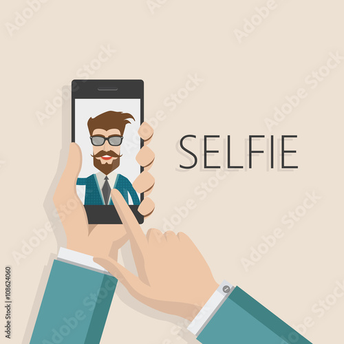 Taking Selfie Photo on Smart Phone concept background. vector illustration