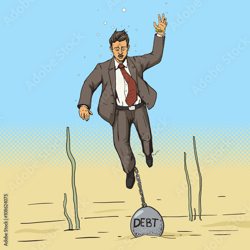 Businessman sinks with weight of debt comic vector