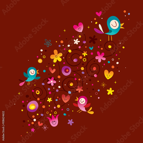 floral nature ornament with cute birds hearts and flowers design elements