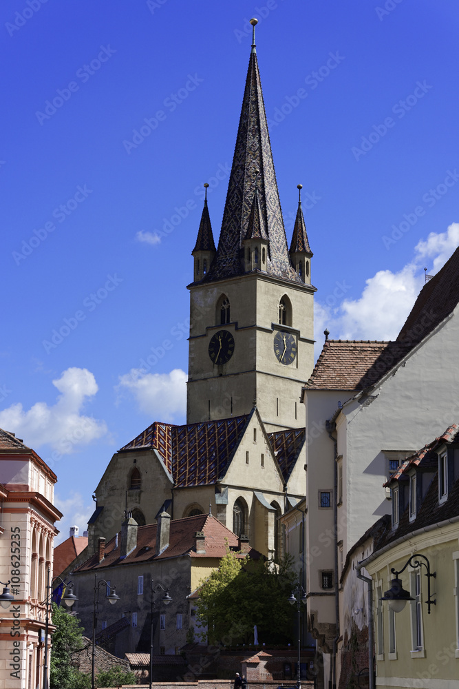 Evangelical Cathedral Sibiu Romania tower with blue sky