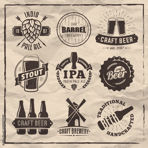 Set of vector craft beer logos and badges. Retro beer labels on vintage paper background