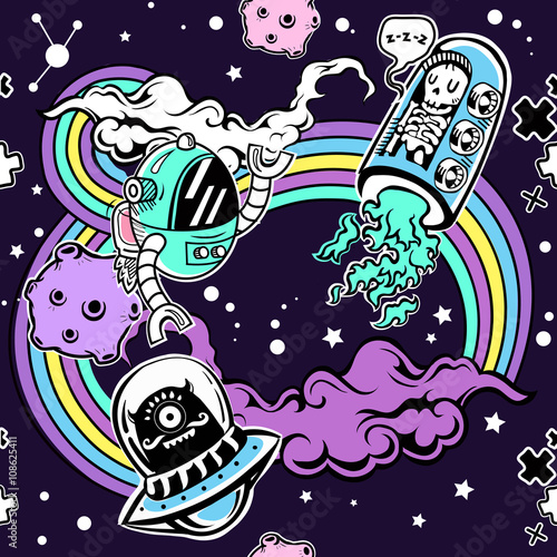 Seamless pattern with robots and rainbow