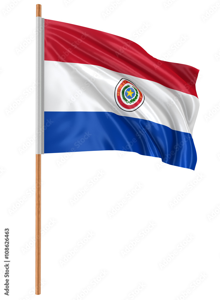3D Paraguayan flag with fabric surface texture. White background.