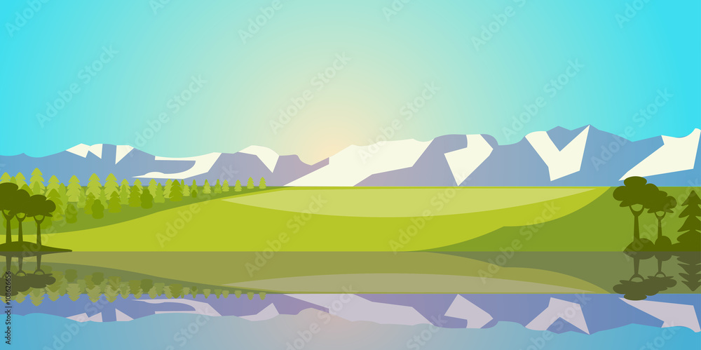 Vector Landscape with Lake, Field and Mountains. Rural scenery Illustration. Vector Landscape with Lake, Field and Mountains. Rural scenery Illustration.
